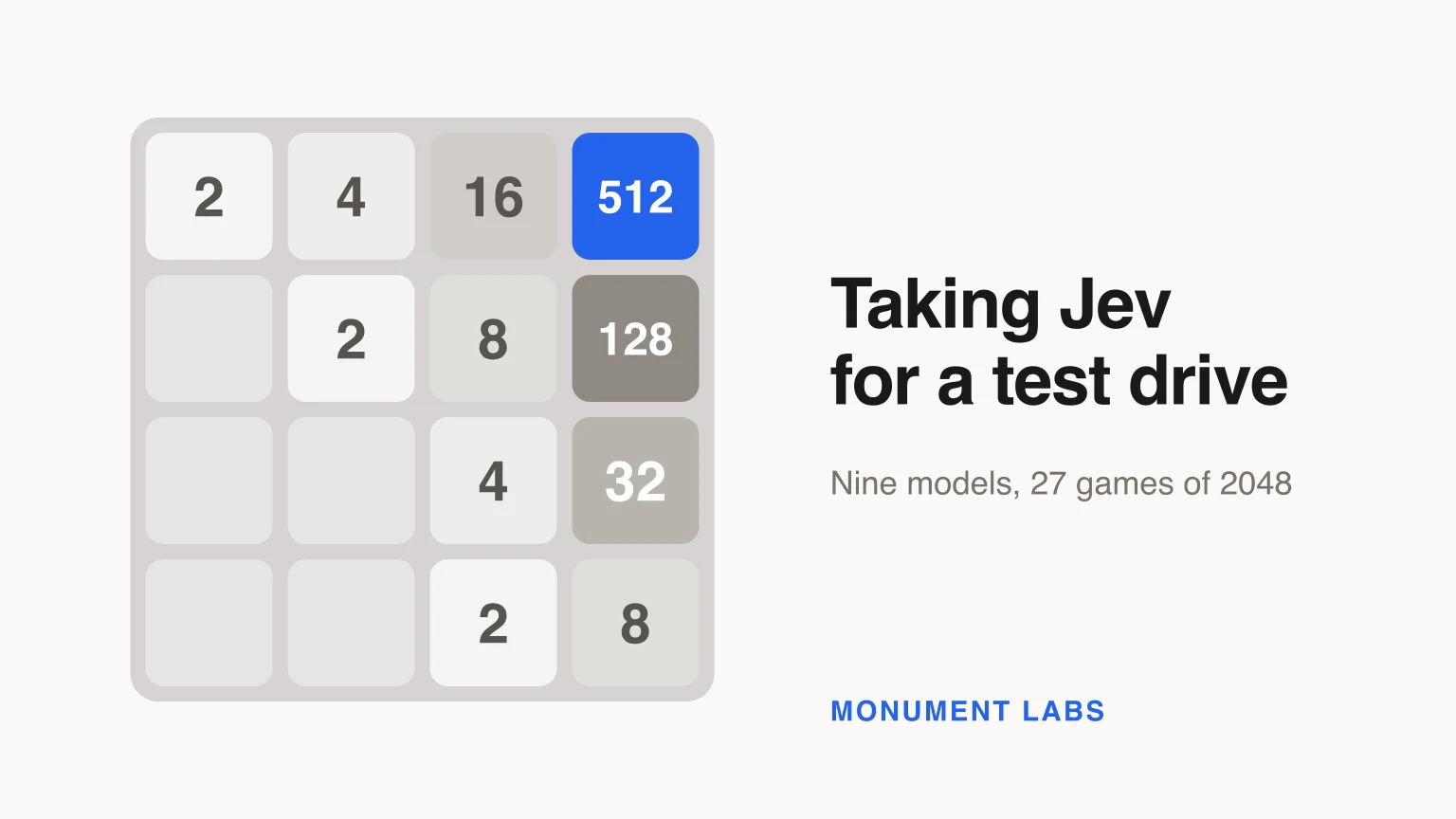 A minimal 4x4 2048 board in soft grays with one 512 tile in blue, next to the title "Taking Jev for a test drive"