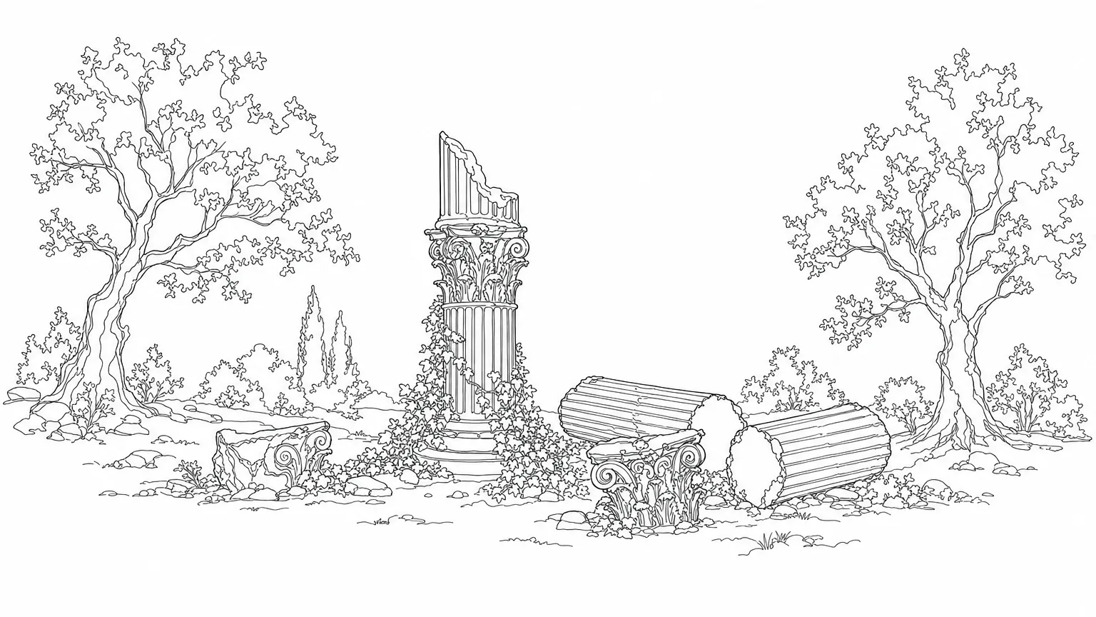 Ink-line illustration of a ruined classical column, broken partway up its shaft, with fallen column drums and carved fragments scattered beside it between two trees