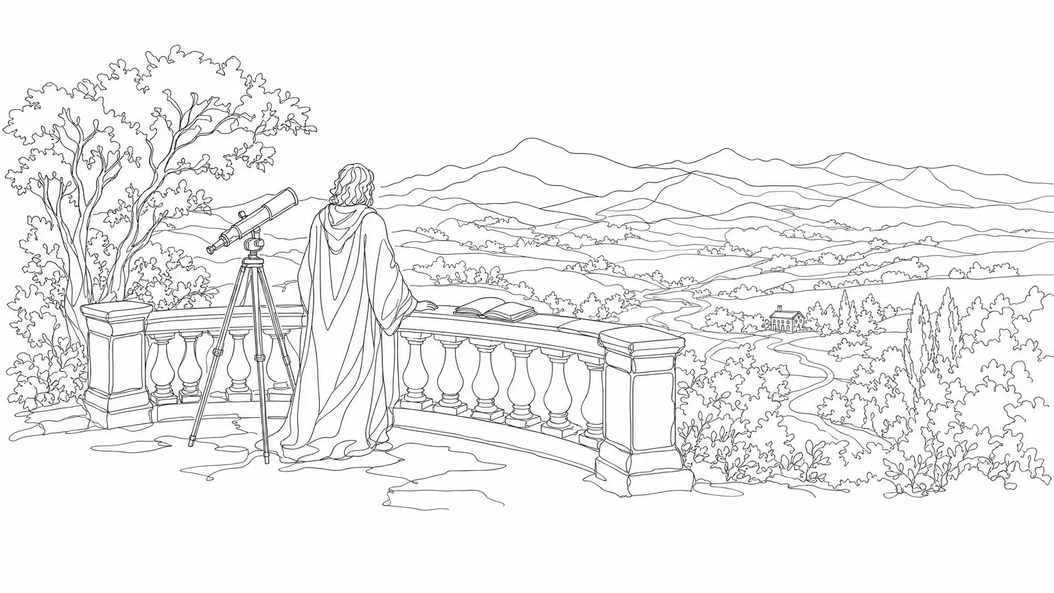 Ink-line illustration of a robed figure with a telescope and open notebook on a balustraded terrace, watching a tiny building in the wide valley below