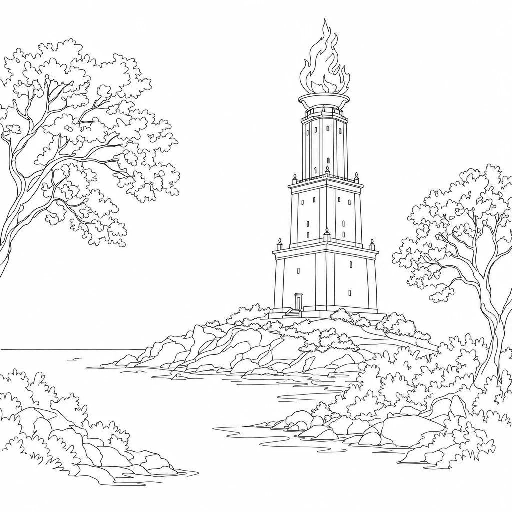 Ink-line illustration of the ancient Pharos lighthouse of Alexandria, a tall tiered stone tower with a large flame burning at its crown, keeping watch over a rocky shoreline point