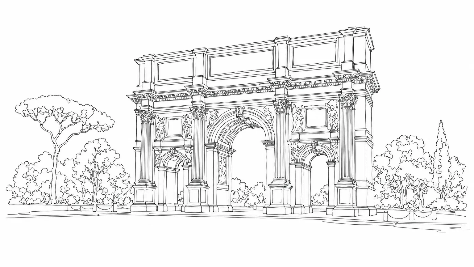 Ink-line illustration of a Roman triumphal arch with Corinthian columns and a large central archway, framed by trees and shrubs