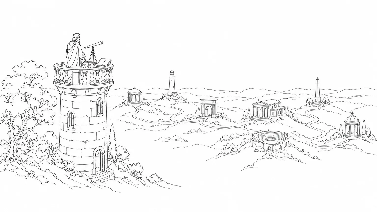 Ink-line illustration of a robed figure on top of a stone watchtower with a telescope and an open ledger, looking down over a wide valley where seven small classical buildings sit on their own hills, linked by one winding road