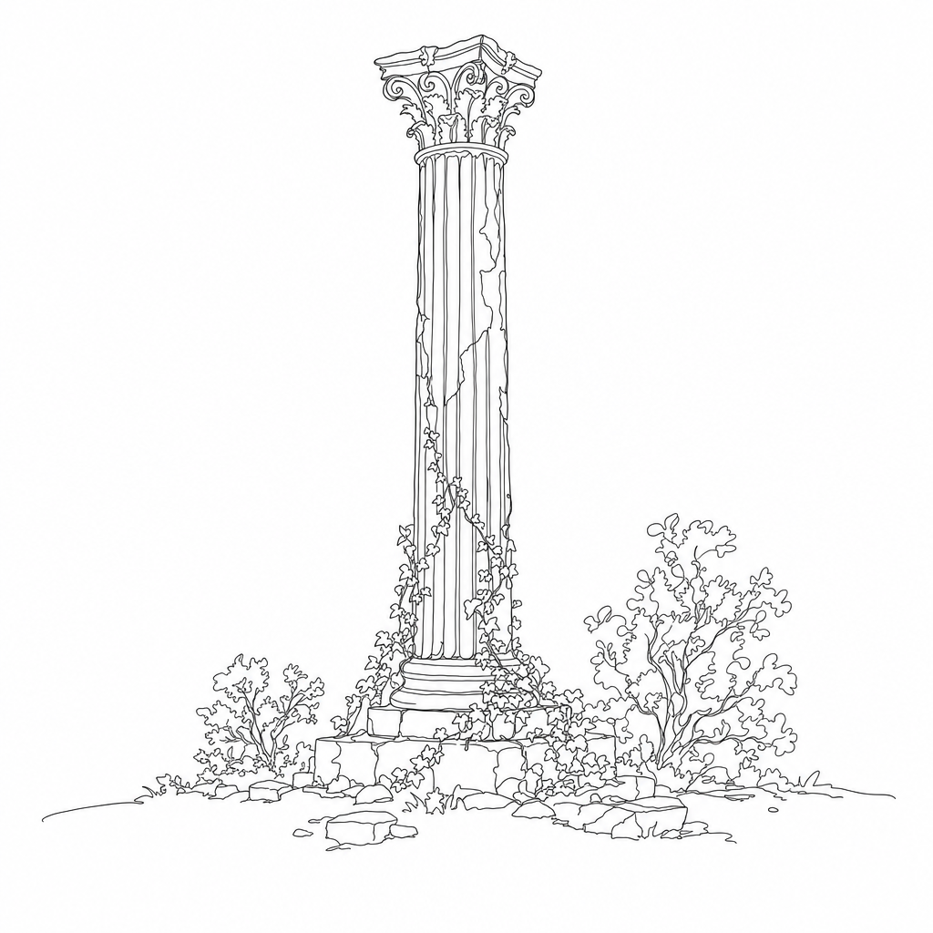 Line drawing of a classical column ruin