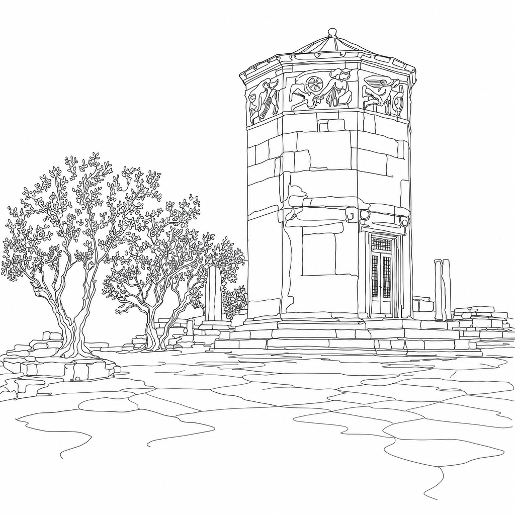 Line drawing of the classical Tower of the Winds horologion in Athens