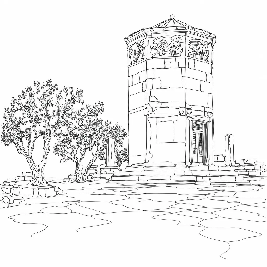 Line drawing of the classical Tower of the Winds horologion in Athens
