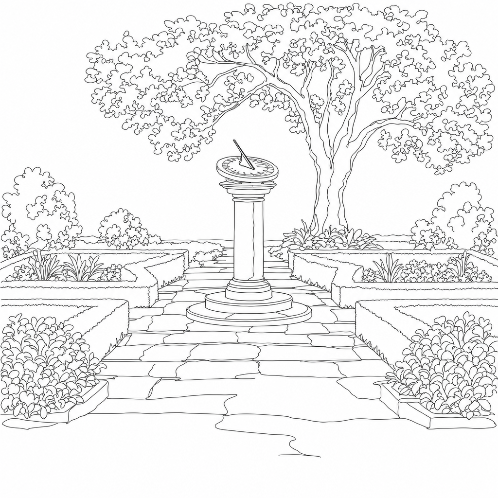 Line drawing of a classical stone sundial on a pedestal in a formal garden