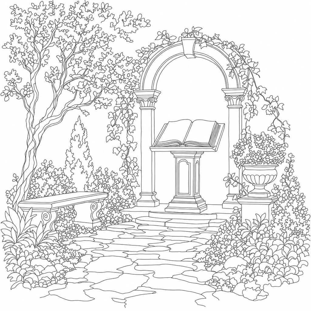 Line drawing of a classical reading lectern with an open codex book in a garden alcove