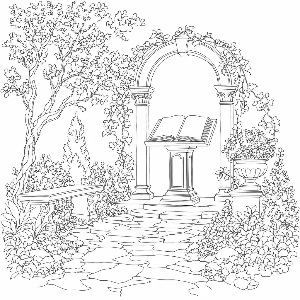 Line drawing of a classical reading lectern with an open codex book in a garden alcove