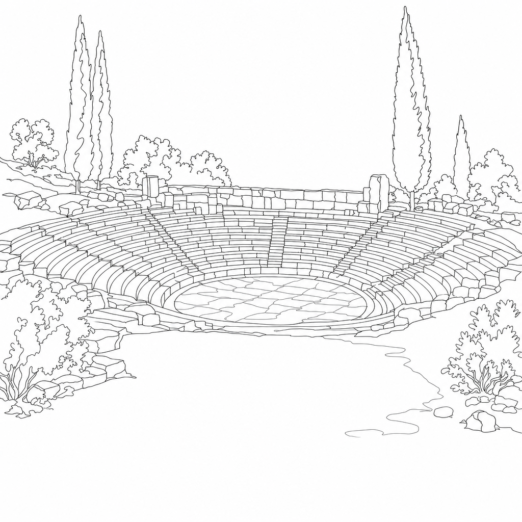 Line drawing of a small classical Greek amphitheater with tiered stone benches
