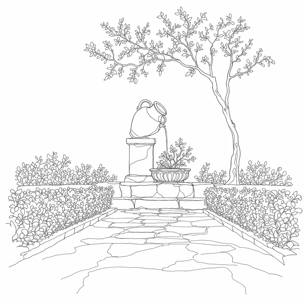 Line drawing of a classical amphora tipped on a stone pedestal, pouring a thin stream of water onto a small plant in a carved planter in a quiet garden